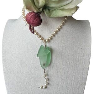 Handcrafted Green Sea Glass Pea Pod Pendant Necklace with Faux Pearls